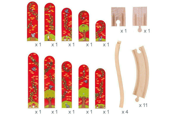 Bestaat uit 10 pilaren met verschillenden hoogte en 17 stukjes rail.