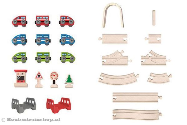 Onderdelen van de Hape treinset.